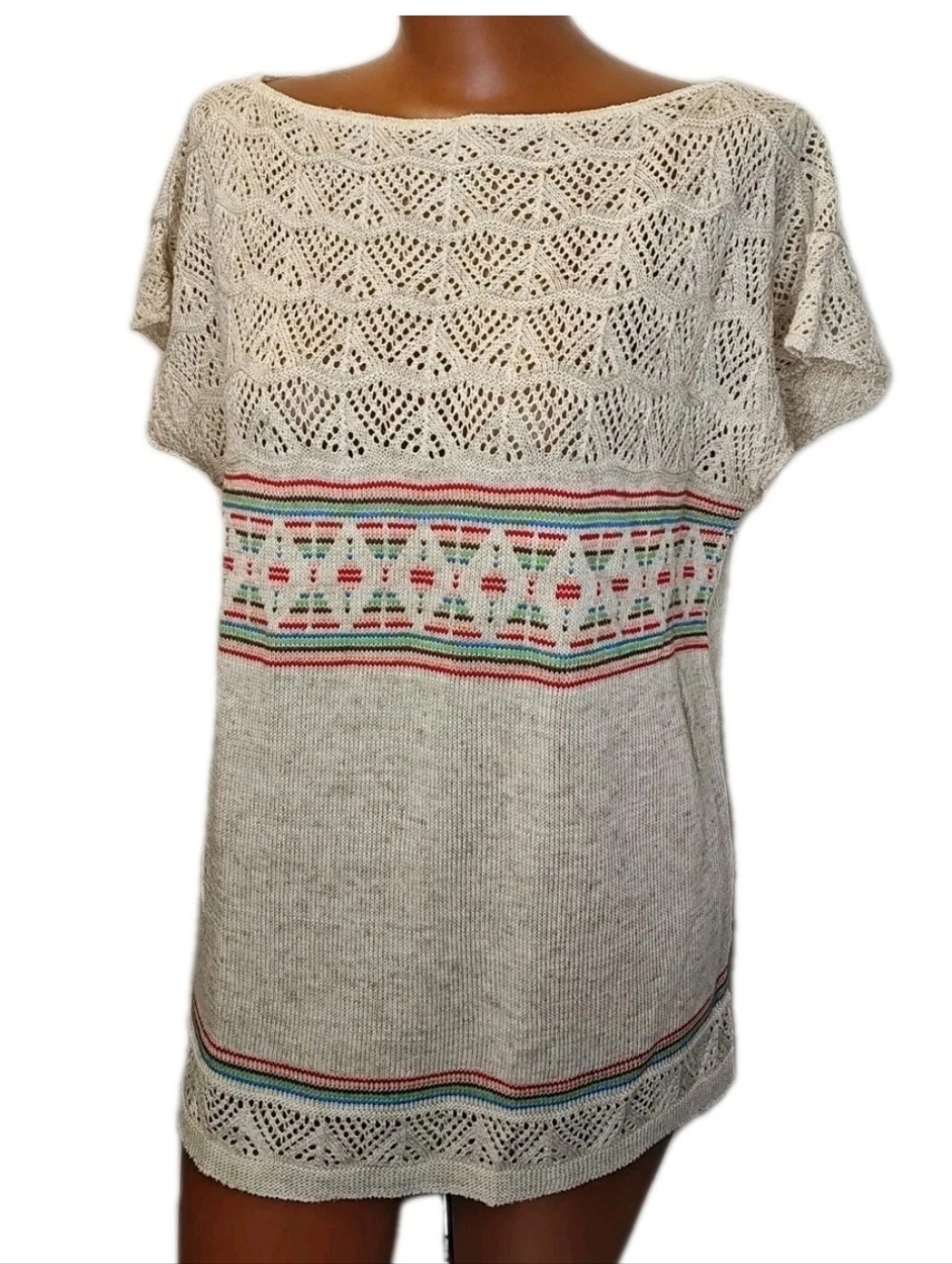 Vtg USA 80s Filigree Boat Neck Loose Knit Large Beige Cap Sleeve Cottage Coastal